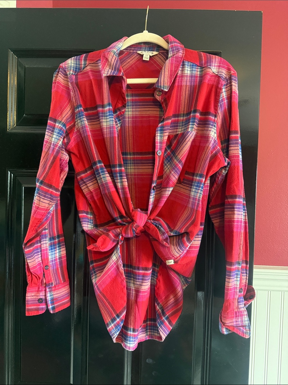 Orvis Red Plaid Tie-Front Shirt with Blue Accents